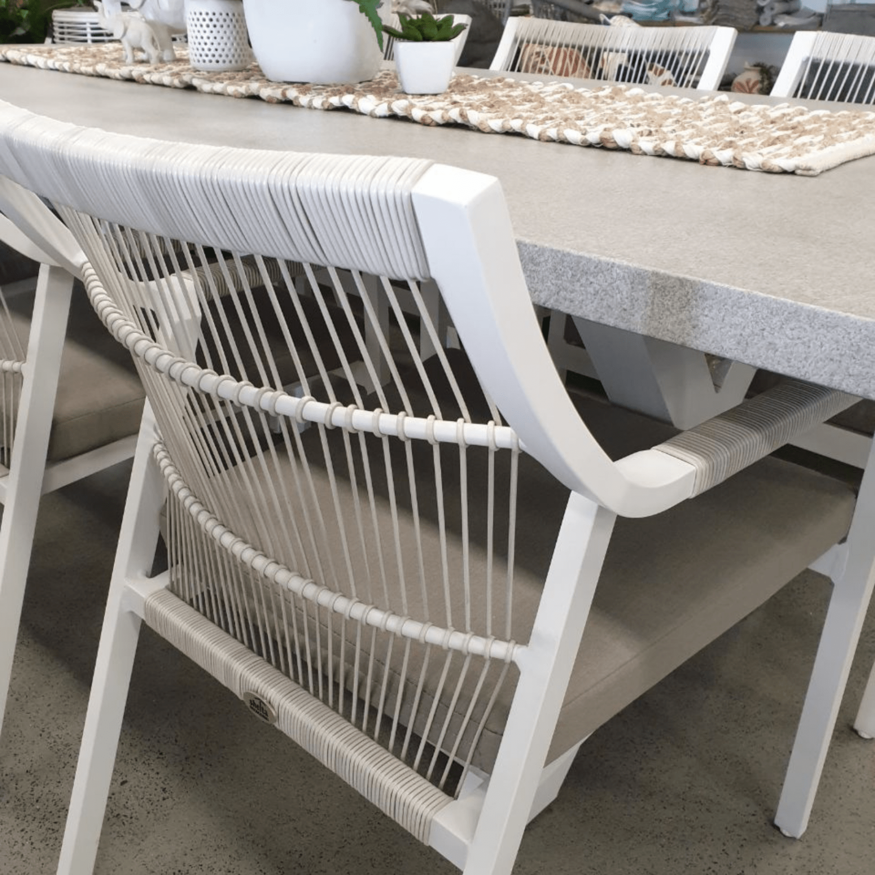 Switch 'industrial' GRC table with Sunset chairs - 7pce outdoor dining setting - Lume Outdoor Living