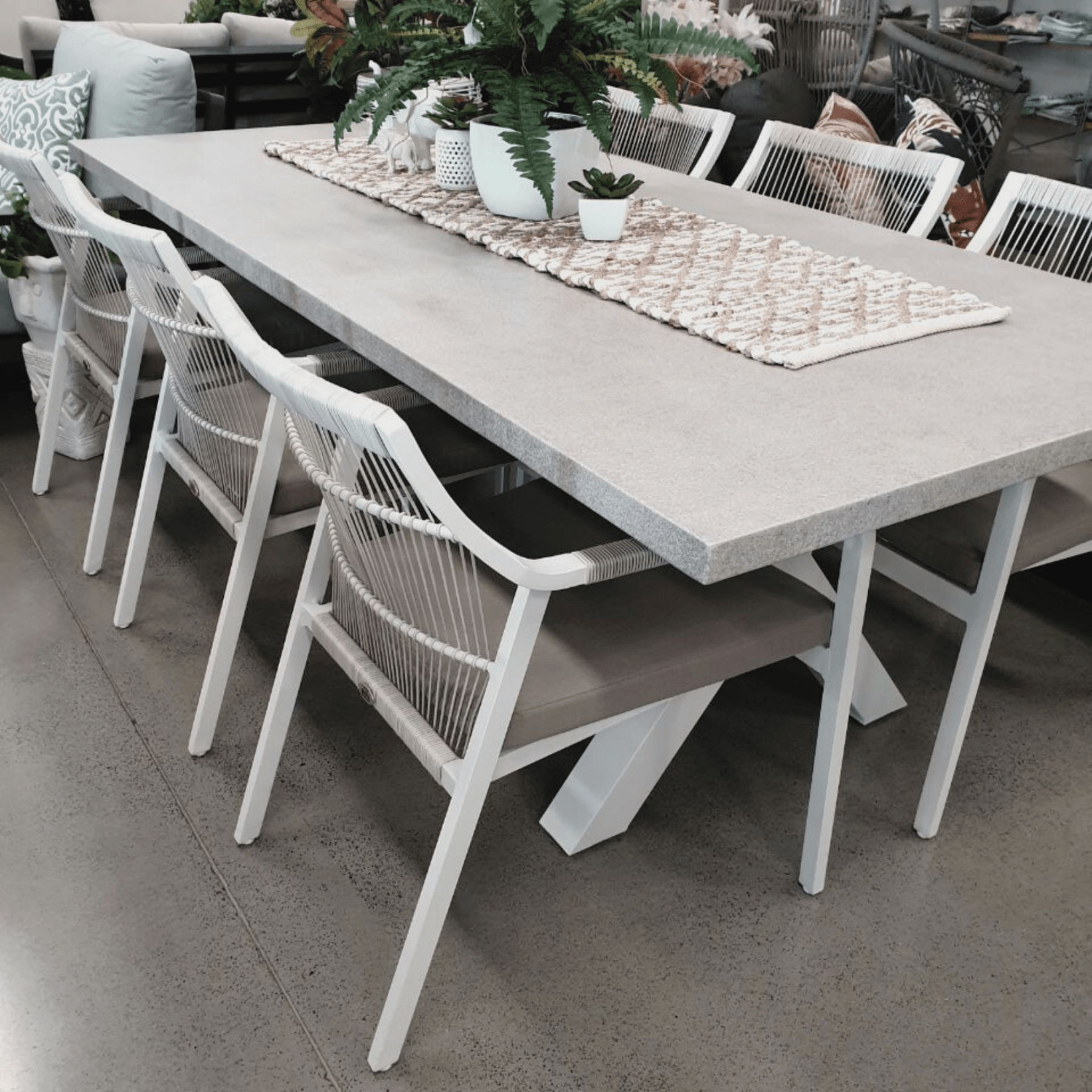 Switch 'industrial' GRC table with Sunset chairs - 7pce outdoor dining setting - Lume Outdoor Living