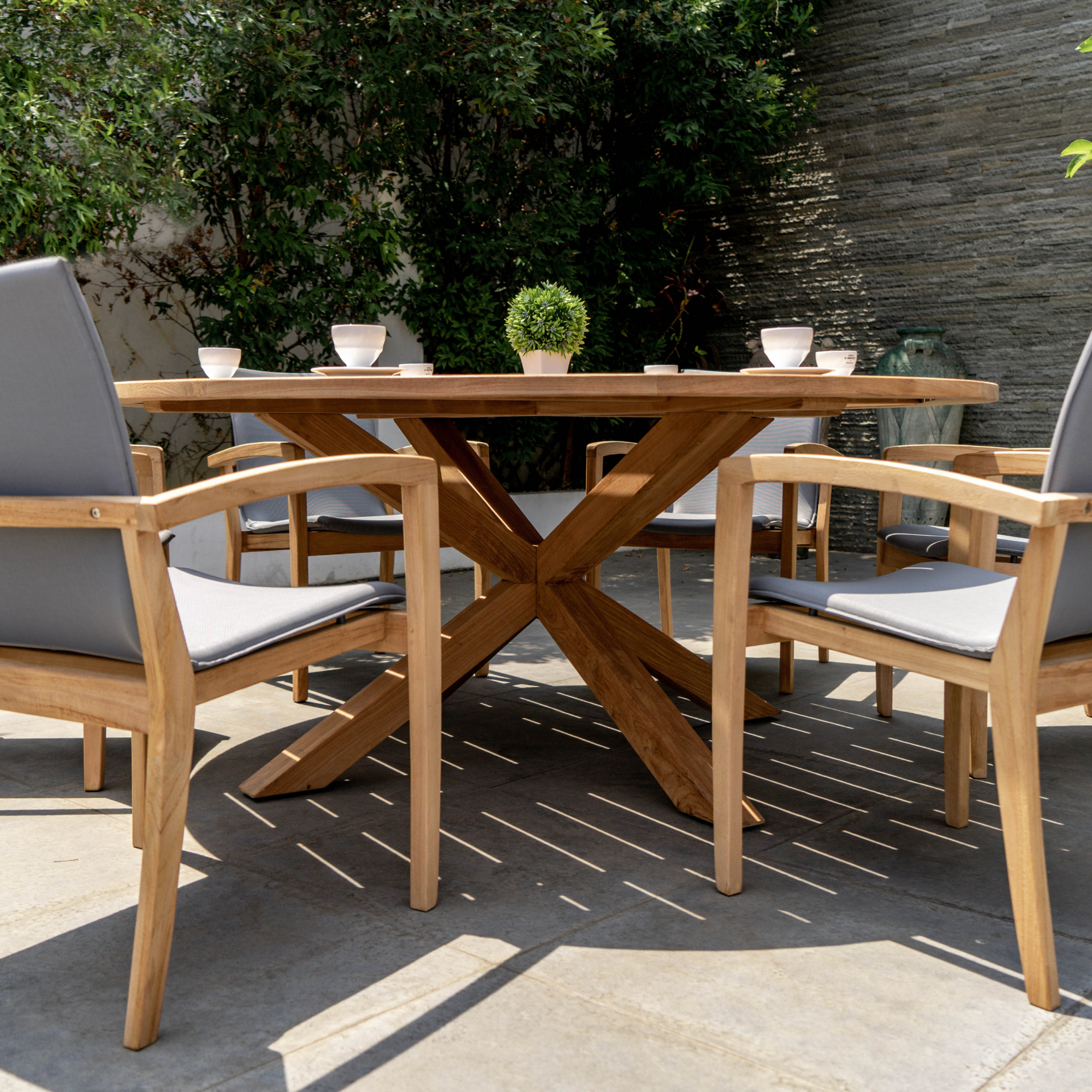 verona and almere round teak table with 4 cross legs