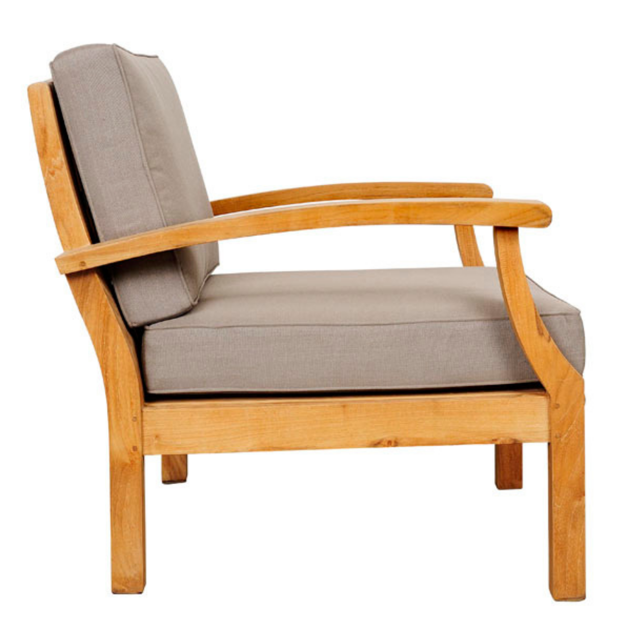 lombok teak outdoor lounge chair with grey cushions side view