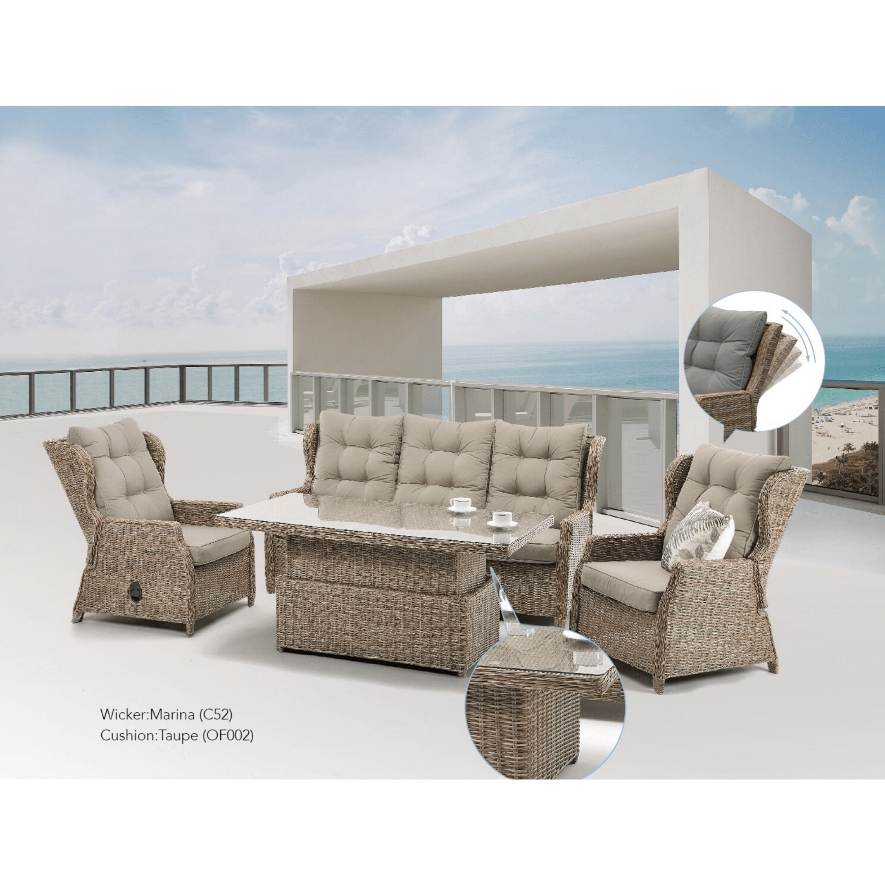 Anglesea Recliner 4pce Outdoor Wicker Lounge Set "Marina" - Lume Outdoor Living