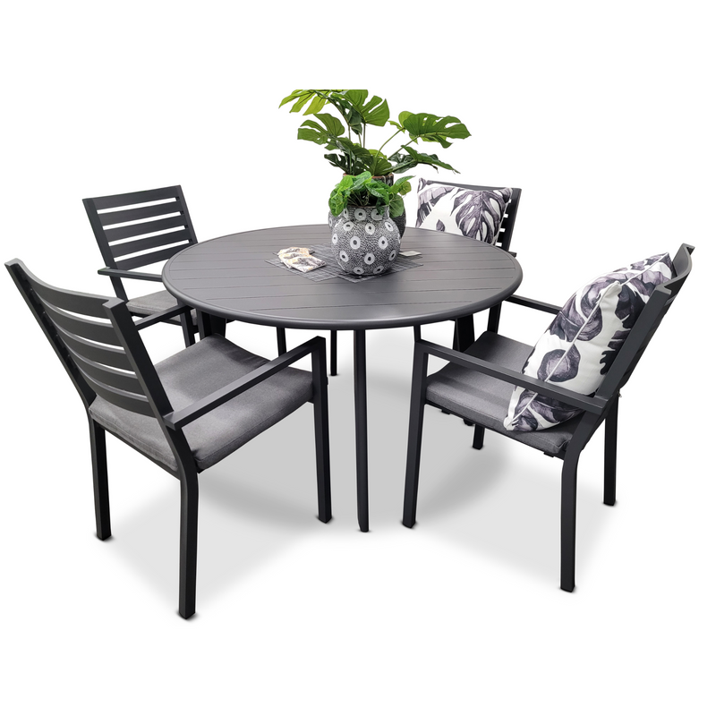 avignon 120cm round aluminium outdoor dining table and mayfair chairs with grey seat cushions