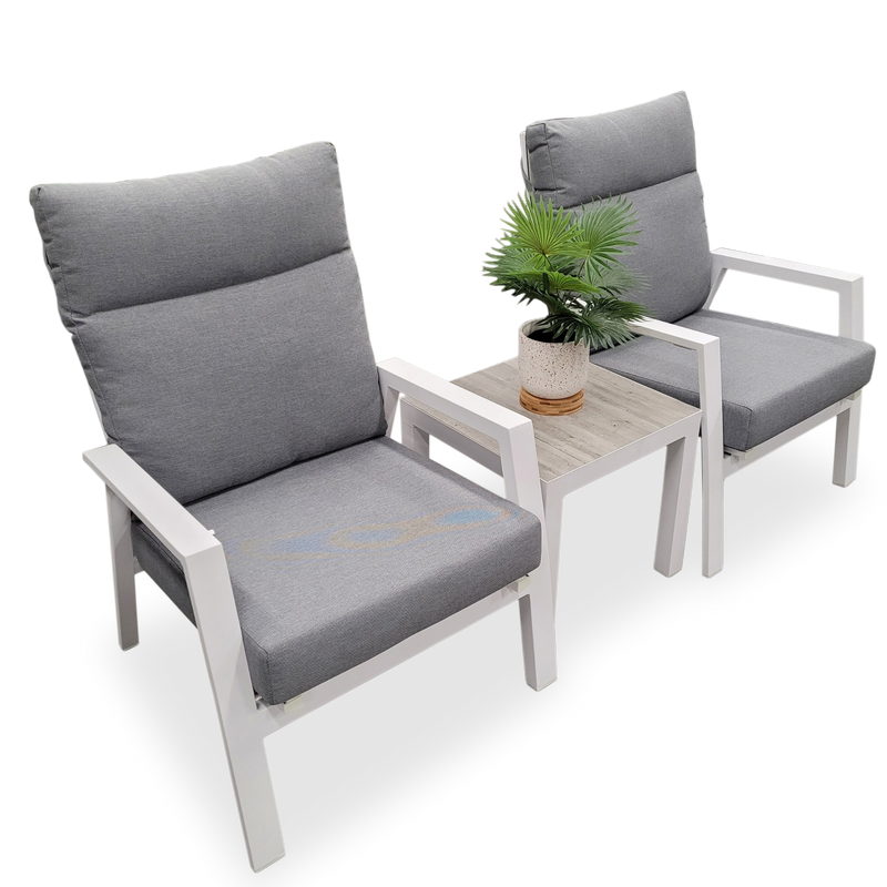 Memphis side table with Ballina recliner chair - 3pce outdoor recliner setting - white