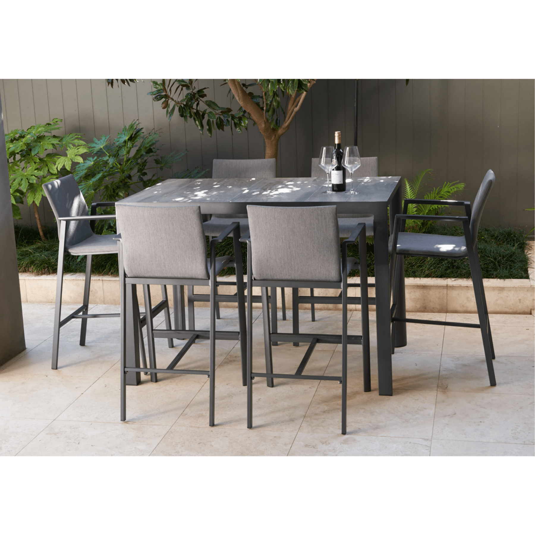 Memphis bar table with Bronte bar chairs - charcoal - 7 piece outdoor rectangle bar setting - Lume Outdoor Living