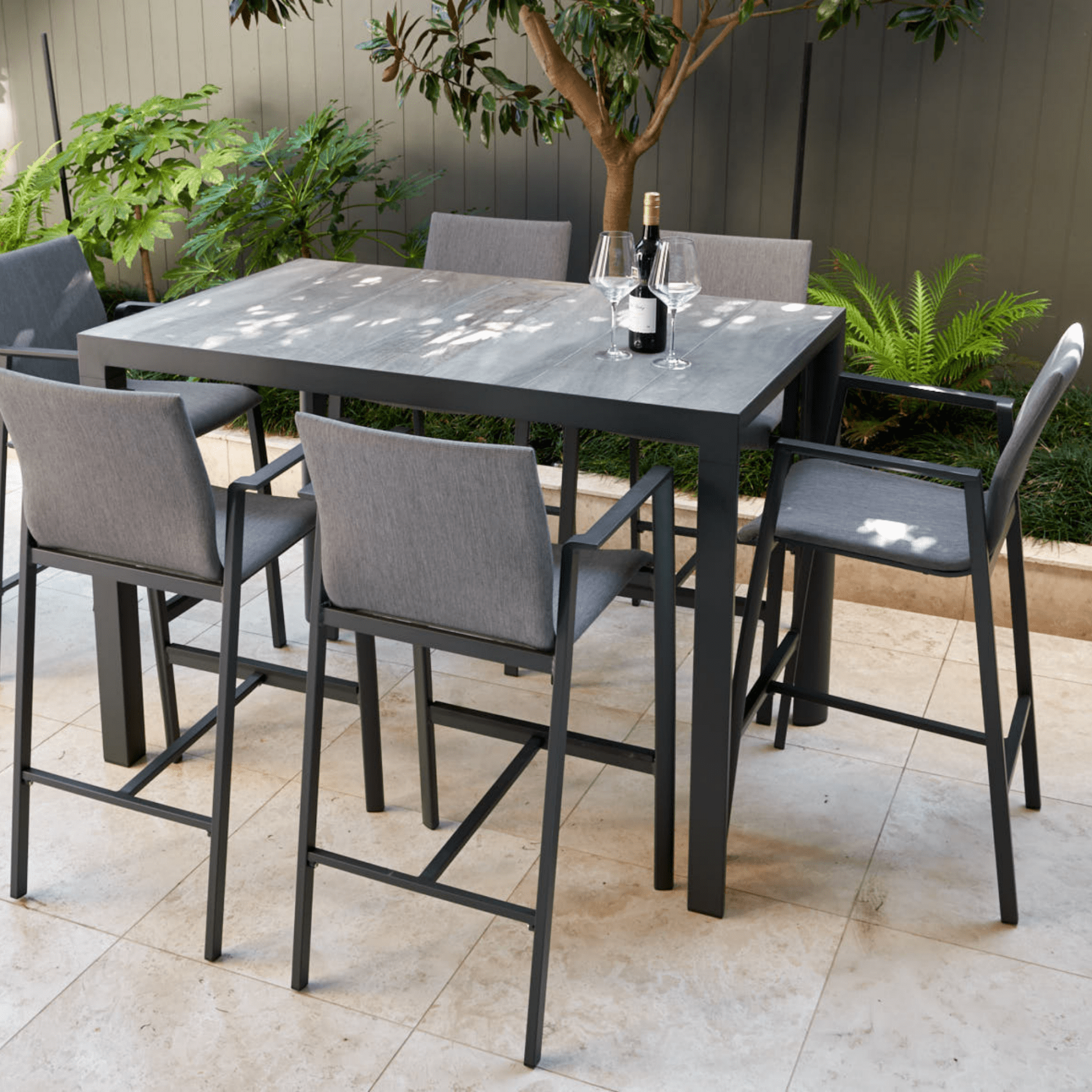 Memphis bar table with Bronte bar chairs - charcoal - 7 piece outdoor rectangle bar setting - Lume Outdoor Living