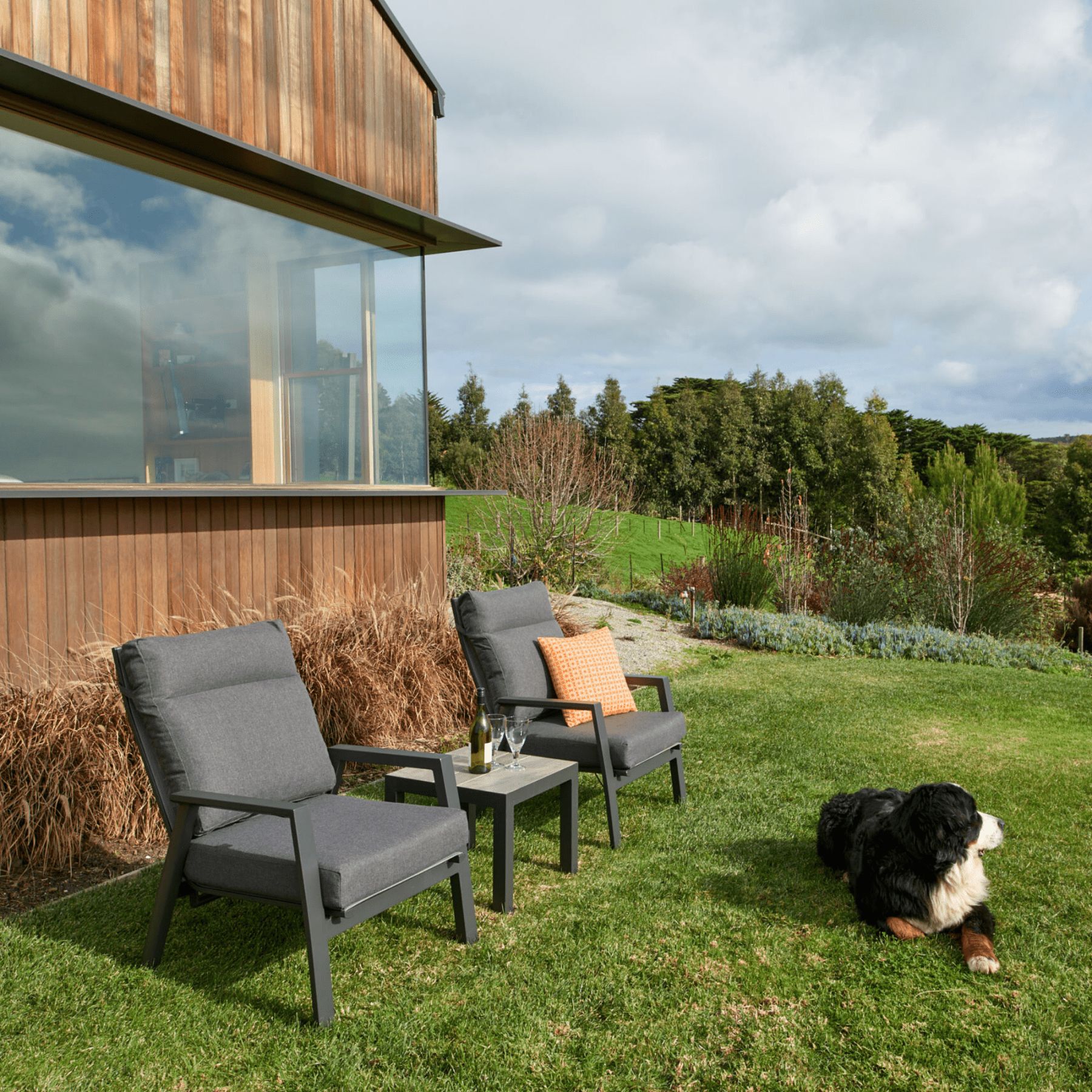 Memphis side table with Ballina recliner chair - 3pce outdoor recliner setting - charcoal - Lume Outdoor Living