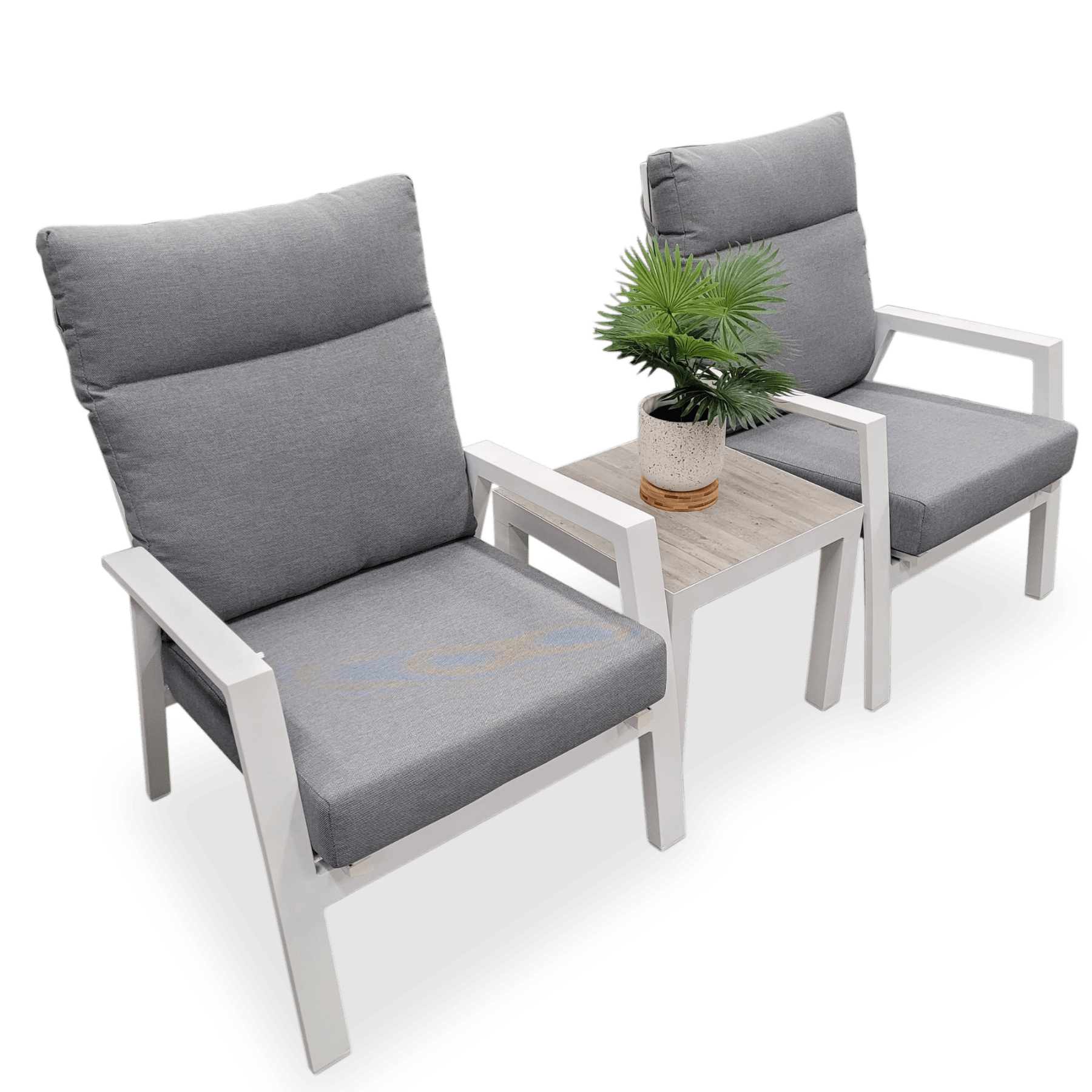 Memphis side table with Ballina recliner chair - 3pce outdoor recliner setting - white - Lume Outdoor Living