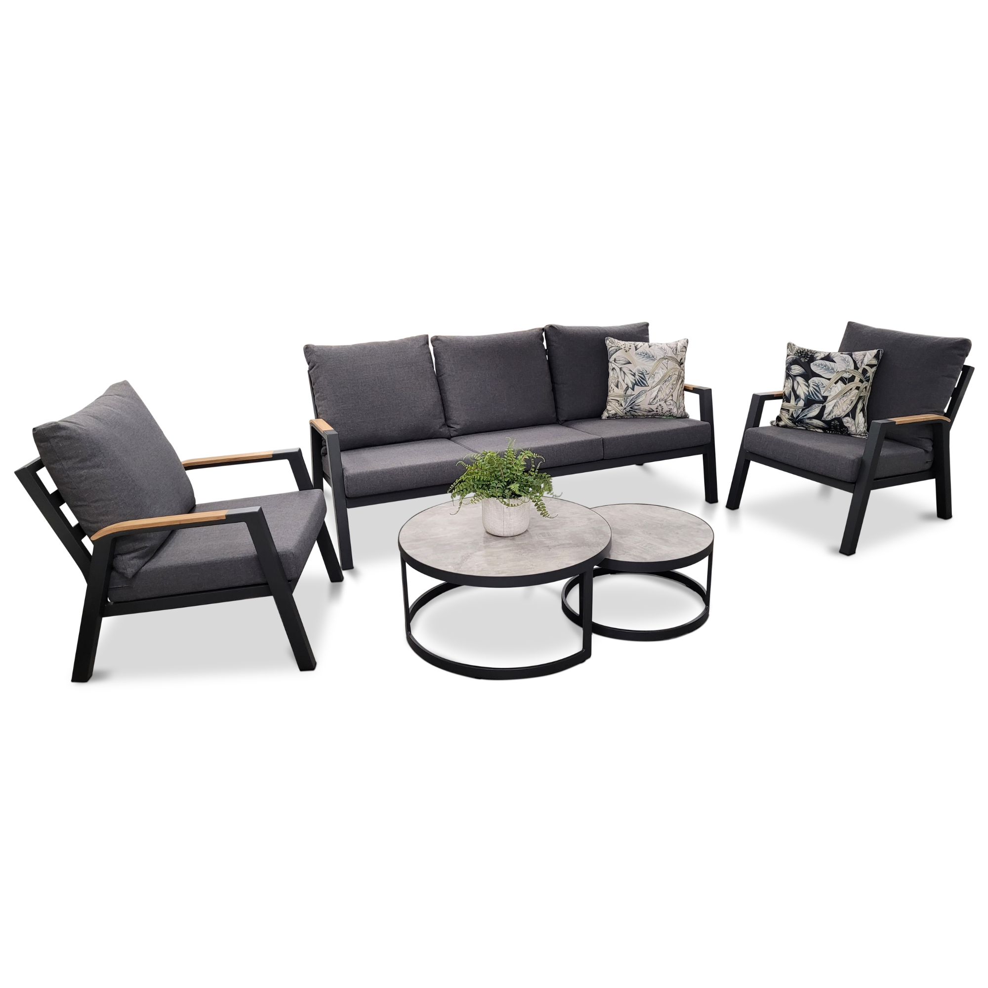 Springfield aluminium 3+1+1 lounge with nested coffee tables - 5 piece charcoal outdoor lounge setting