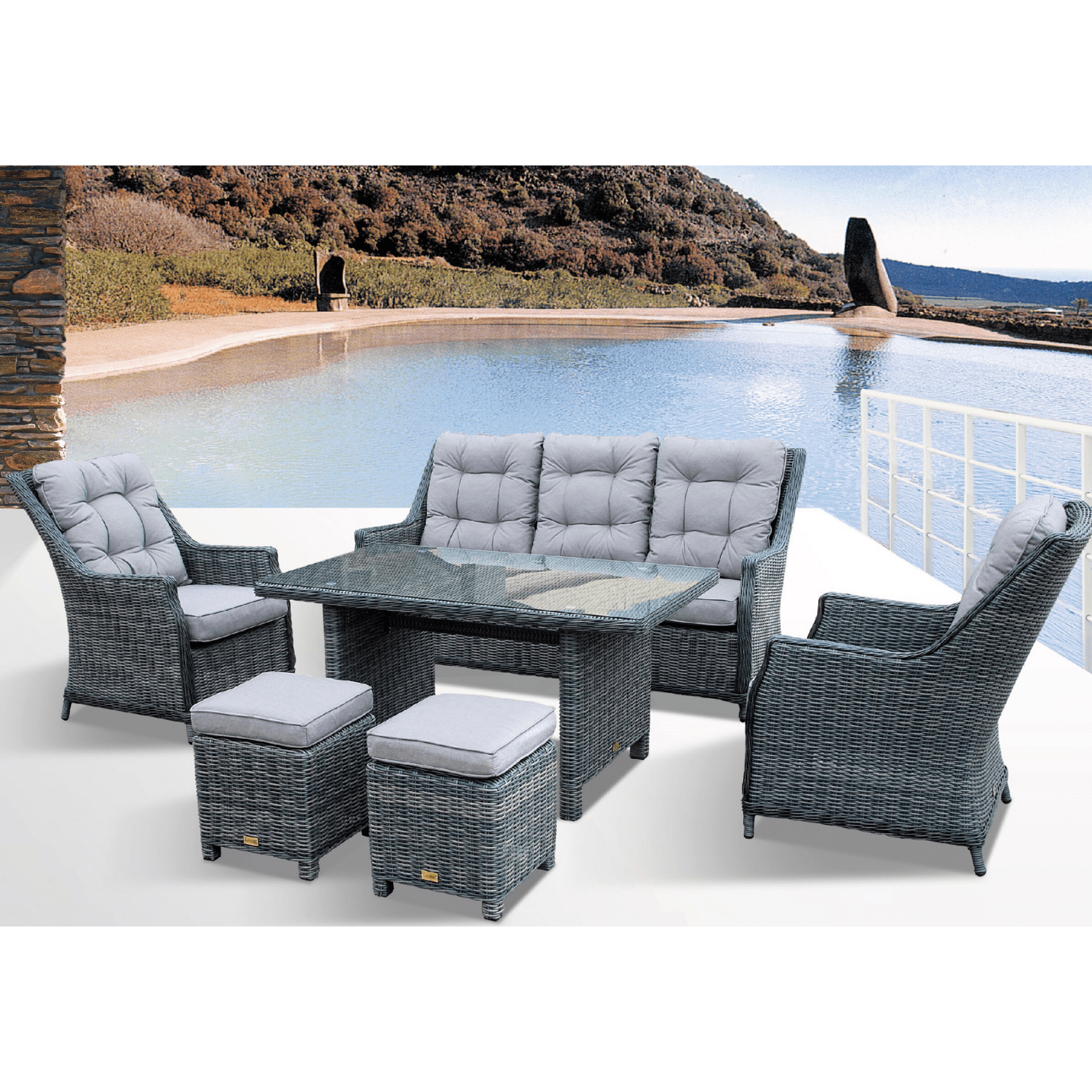 Swiss 6pce Lounge / Casual Dining Wicker Set Castle Grey - Lume Outdoor Living