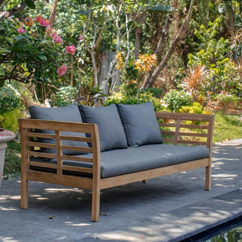 outdoor teak daybed with 3 large cushions